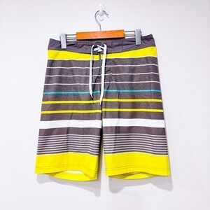 BAD BONES Grey Yellow Striped Stretch‎ Lace Up Board Shorts Swim Size 30
